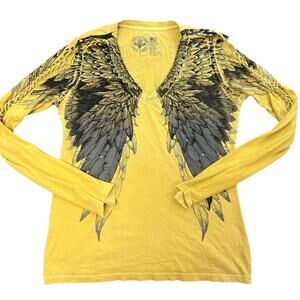 Affliction Yellow Wing Graphic V-Neck Long Sleeve Shirt Laced Sleeves Large